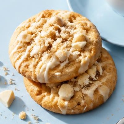 A golden crunchy cookie topped with icing and biscuit crumbs, with a bite taken out